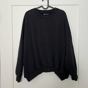 Zara Womens Sweatshirt Sweater Size M Cropped Black Long Sleeve Crew Neck Cotton